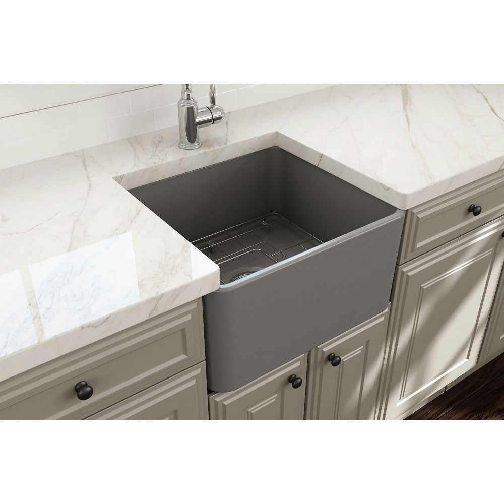 Classico Farmhouse Apron Front Fireclay 20 in. Single Bowl Kitchen Sink with Protective Bottom Grid and Strainer in Matte Gray