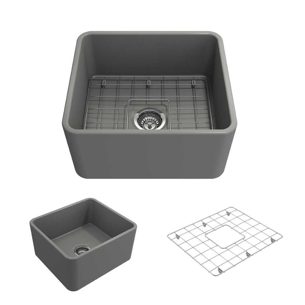 Classico Farmhouse Apron Front Fireclay 20 in. Single Bowl Kitchen Sink with Protective Bottom Grid and Strainer in Matte Gray