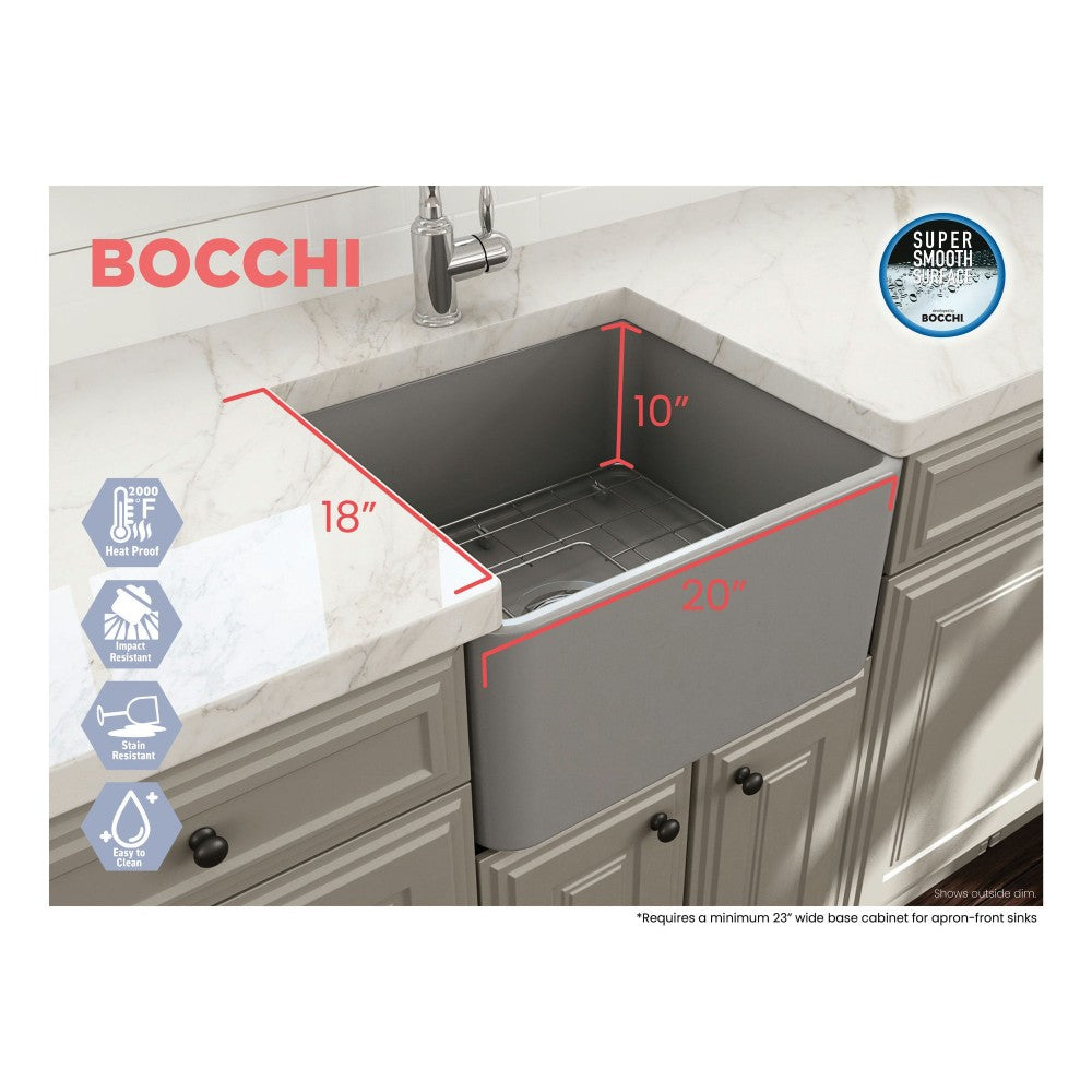 Classico Farmhouse Apron Front Fireclay 20 in. Single Bowl Kitchen Sink with Protective Bottom Grid and Strainer in Matte Gray