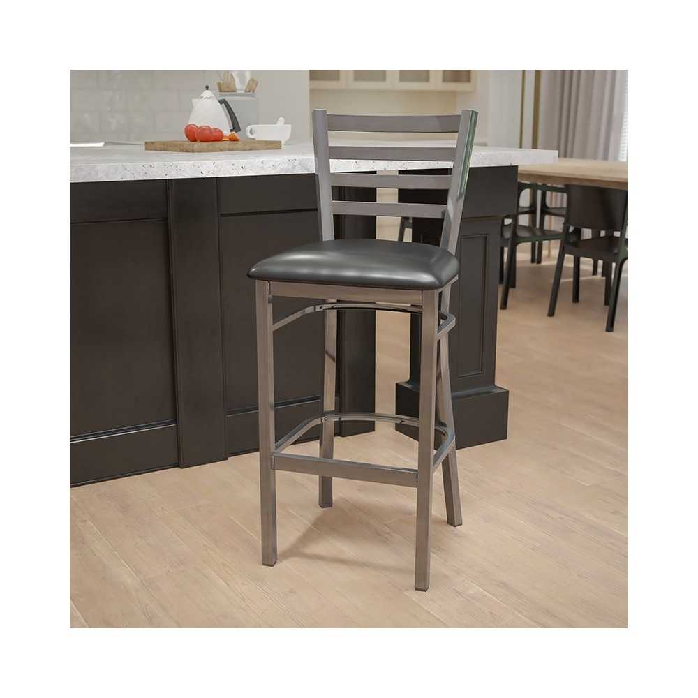 Clear Coated Ladder Back Metal Restaurant Barstool - Black Vinyl Seat
