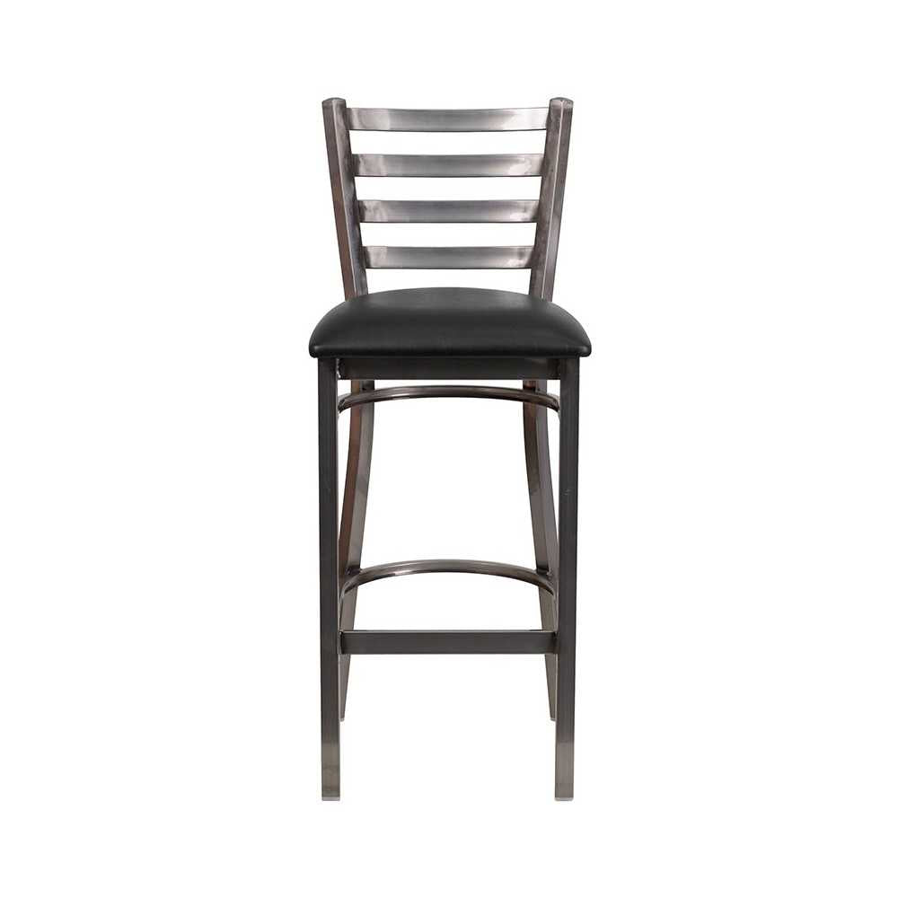 Clear Coated Ladder Back Metal Restaurant Barstool - Black Vinyl Seat