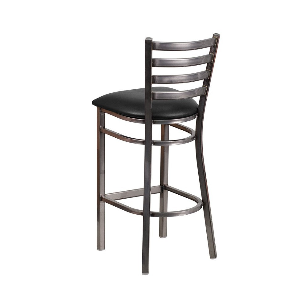 Clear Coated Ladder Back Metal Restaurant Barstool - Black Vinyl Seat