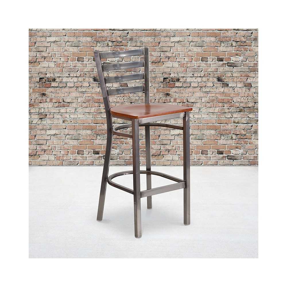 Clear Coated Ladder Back Metal Restaurant Barstool - Cherry Wood Seat