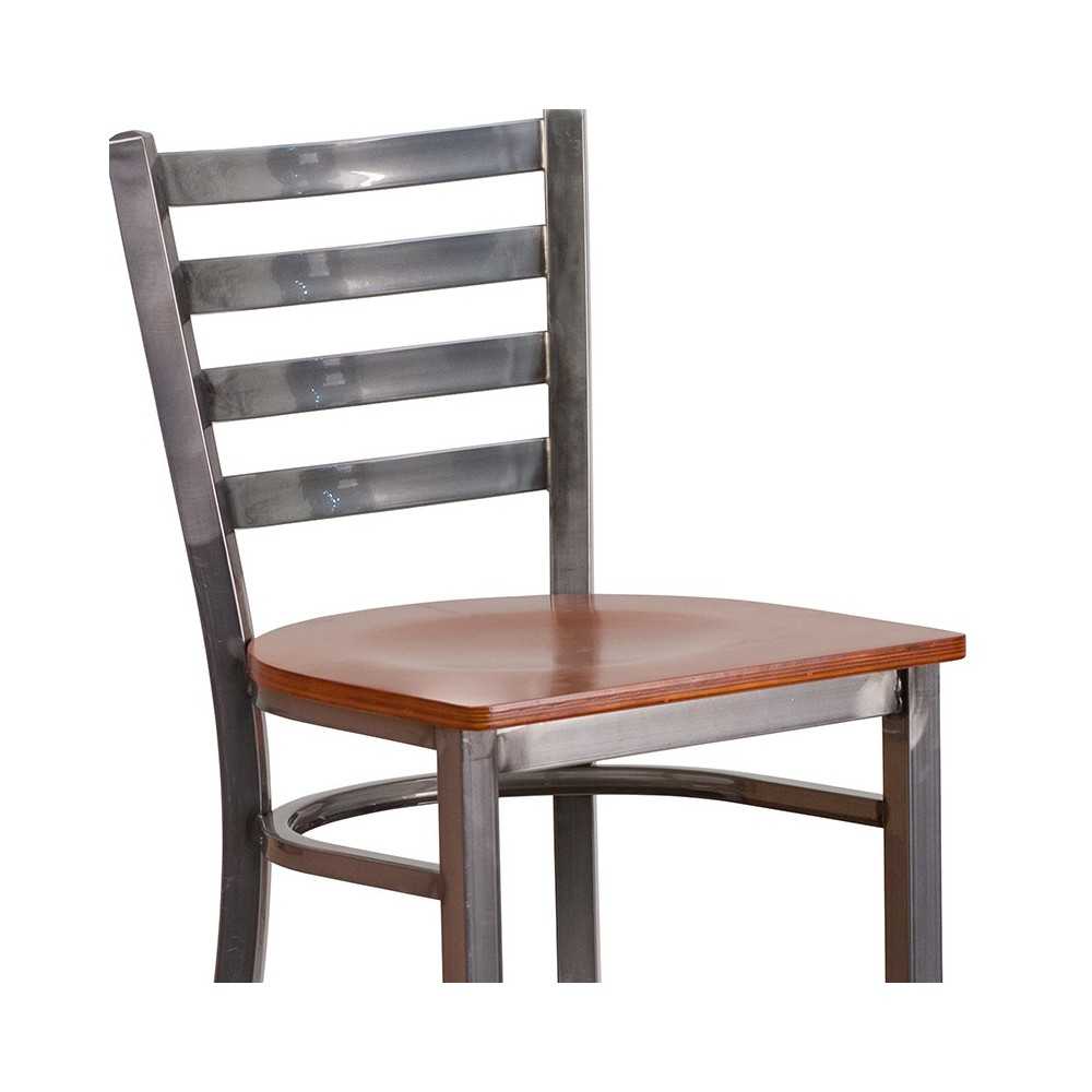 Clear Coated Ladder Back Metal Restaurant Barstool - Cherry Wood Seat