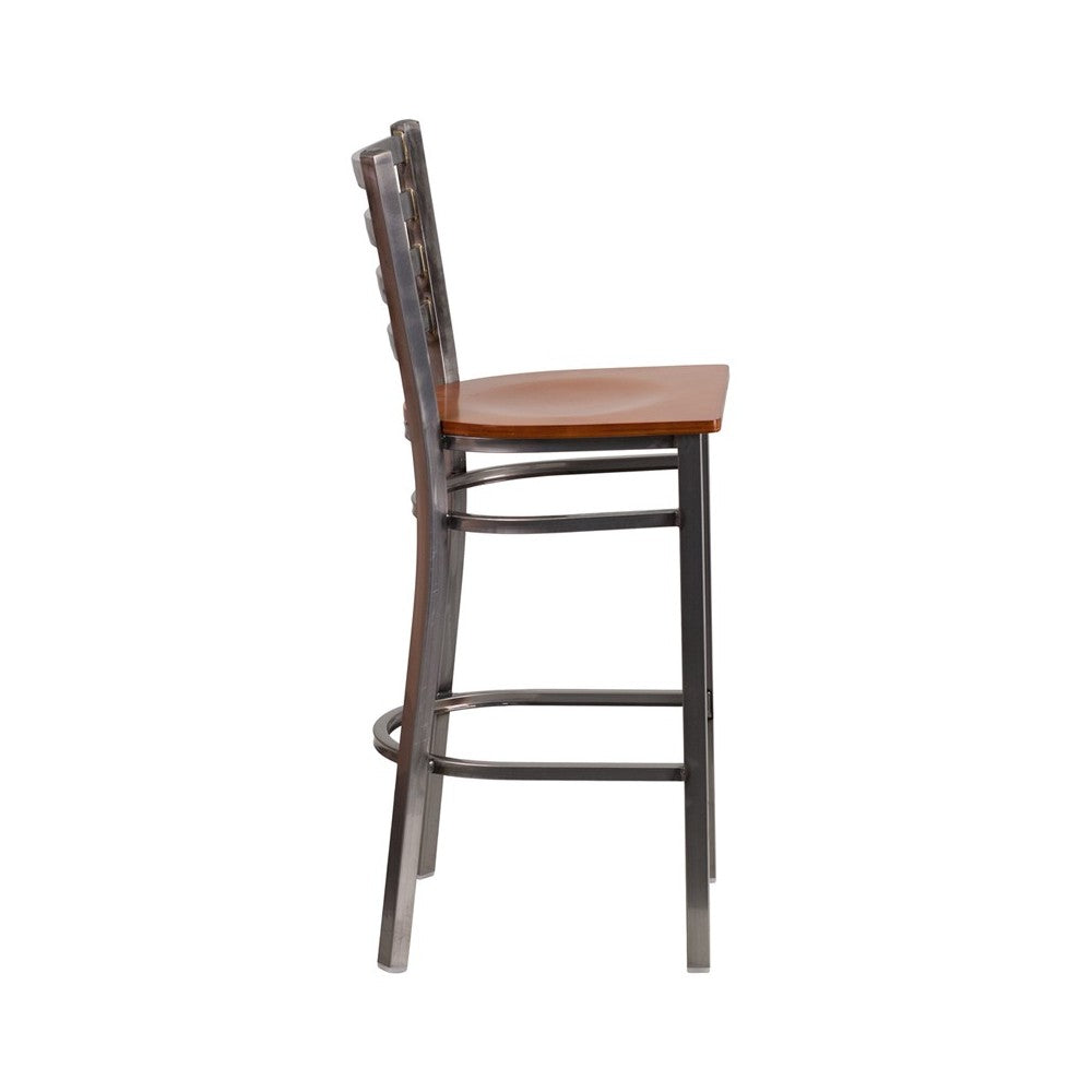 Clear Coated Ladder Back Metal Restaurant Barstool - Cherry Wood Seat