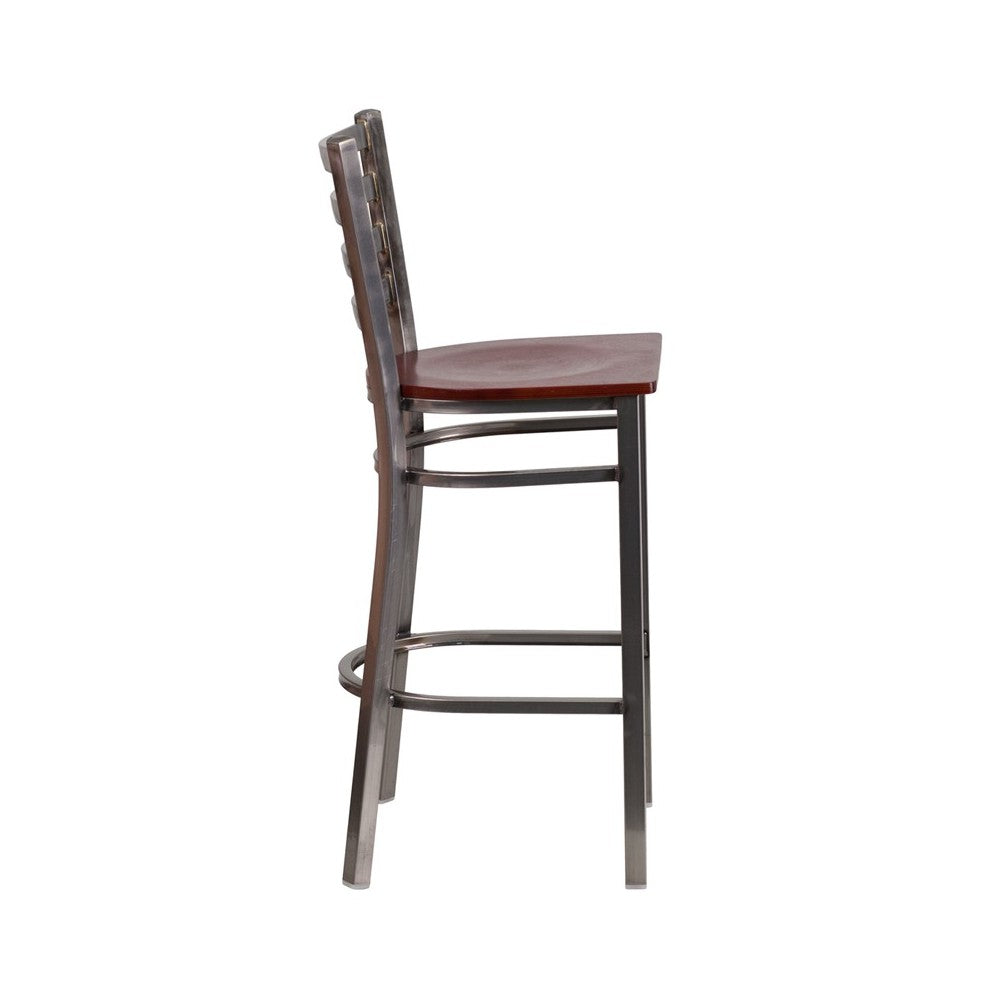 Clear Coated Ladder Back Metal Restaurant Barstool - Mahogany Wood Seat