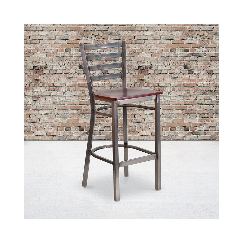 Clear Coated Ladder Back Metal Restaurant Barstool - Mahogany Wood Seat