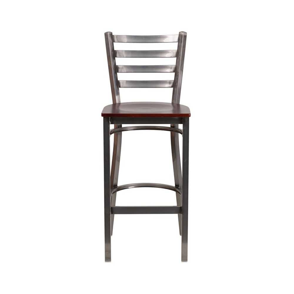 Clear Coated Ladder Back Metal Restaurant Barstool - Mahogany Wood Seat