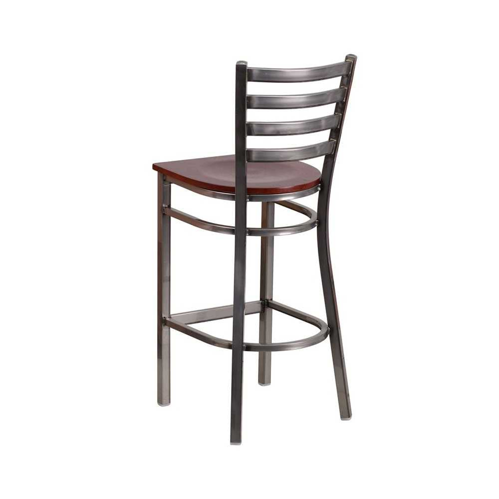 Clear Coated Ladder Back Metal Restaurant Barstool - Mahogany Wood Seat