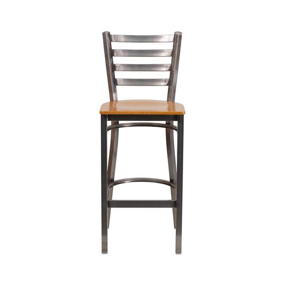 Clear Coated Ladder Back Metal Restaurant Barstool - Natural Wood Seat