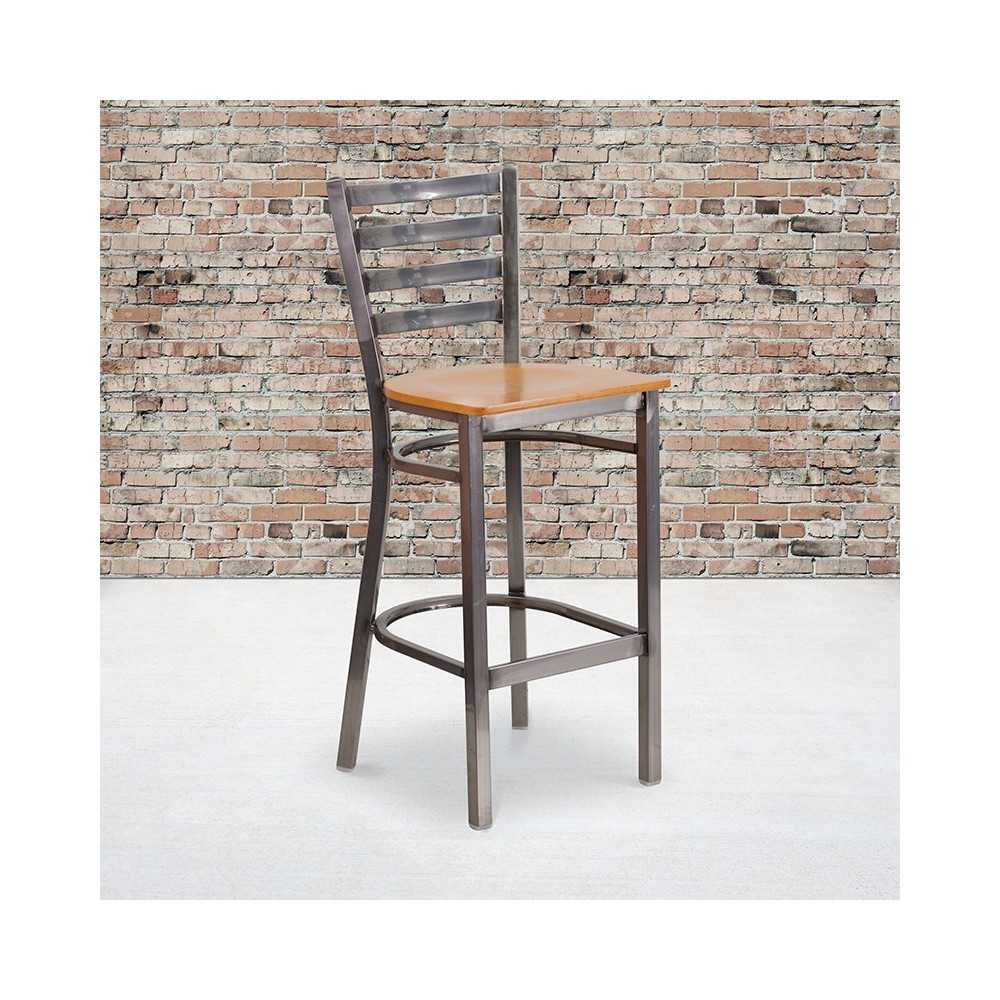 Clear Coated Ladder Back Metal Restaurant Barstool - Natural Wood Seat