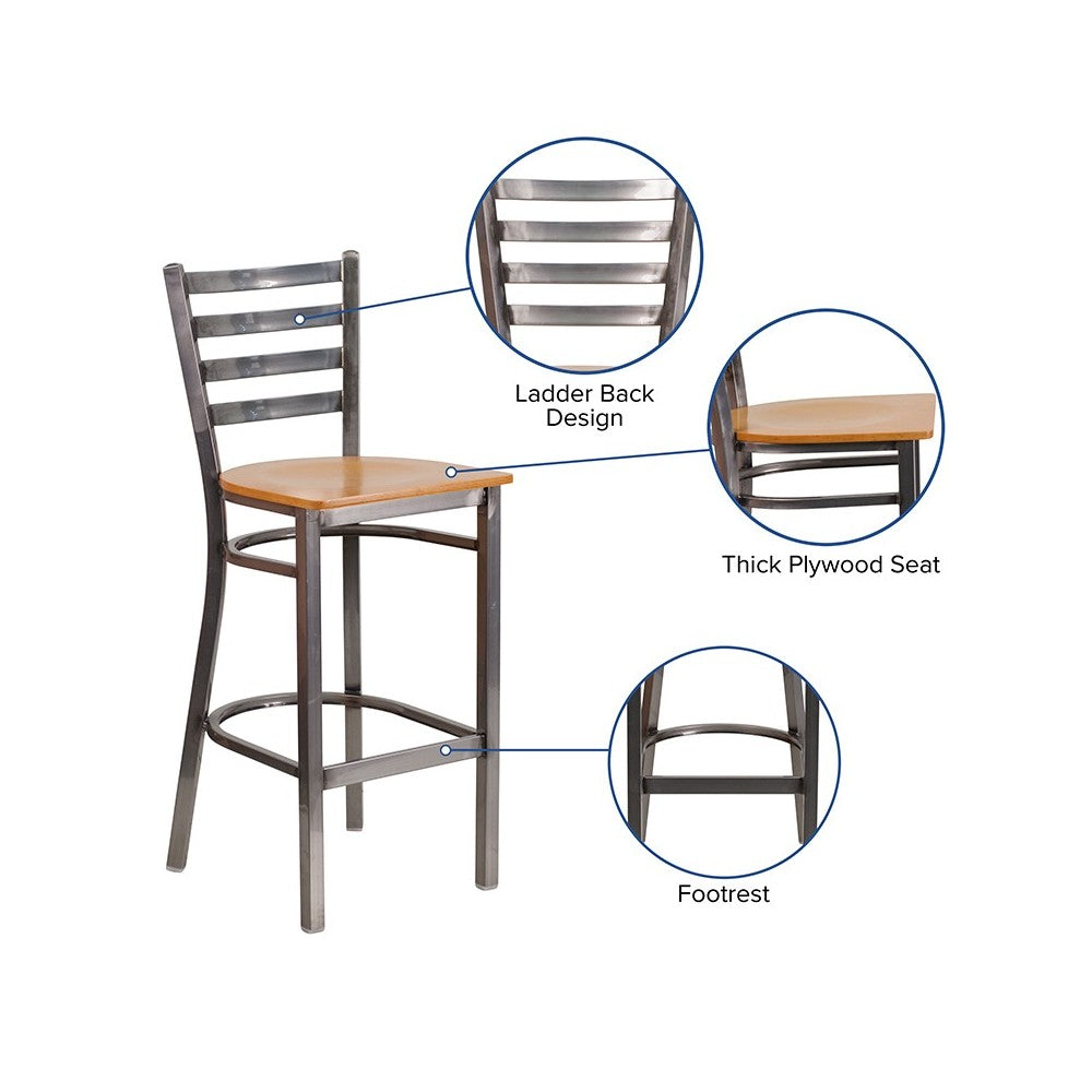 Clear Coated Ladder Back Metal Restaurant Barstool - Natural Wood Seat