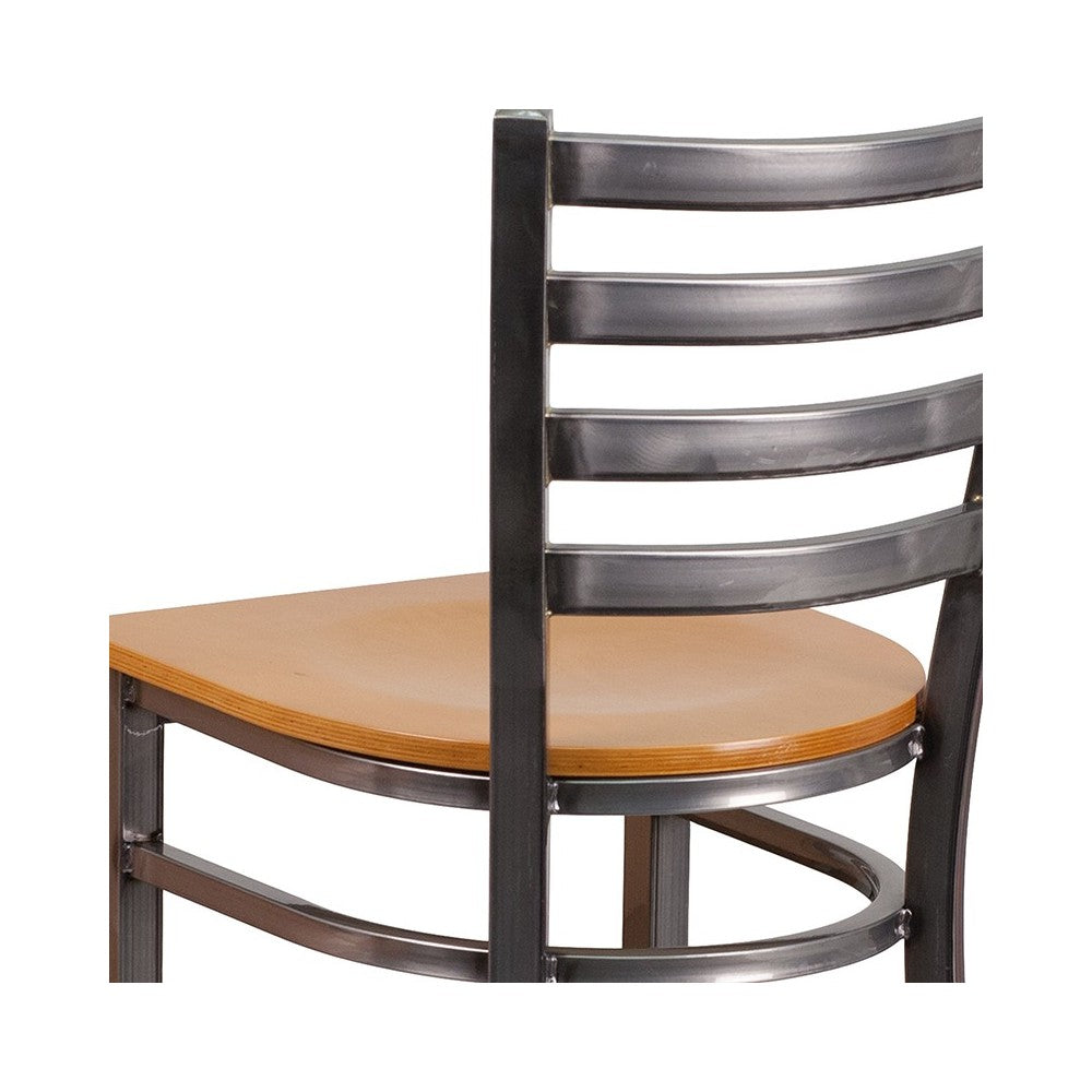 Clear Coated Ladder Back Metal Restaurant Barstool - Natural Wood Seat
