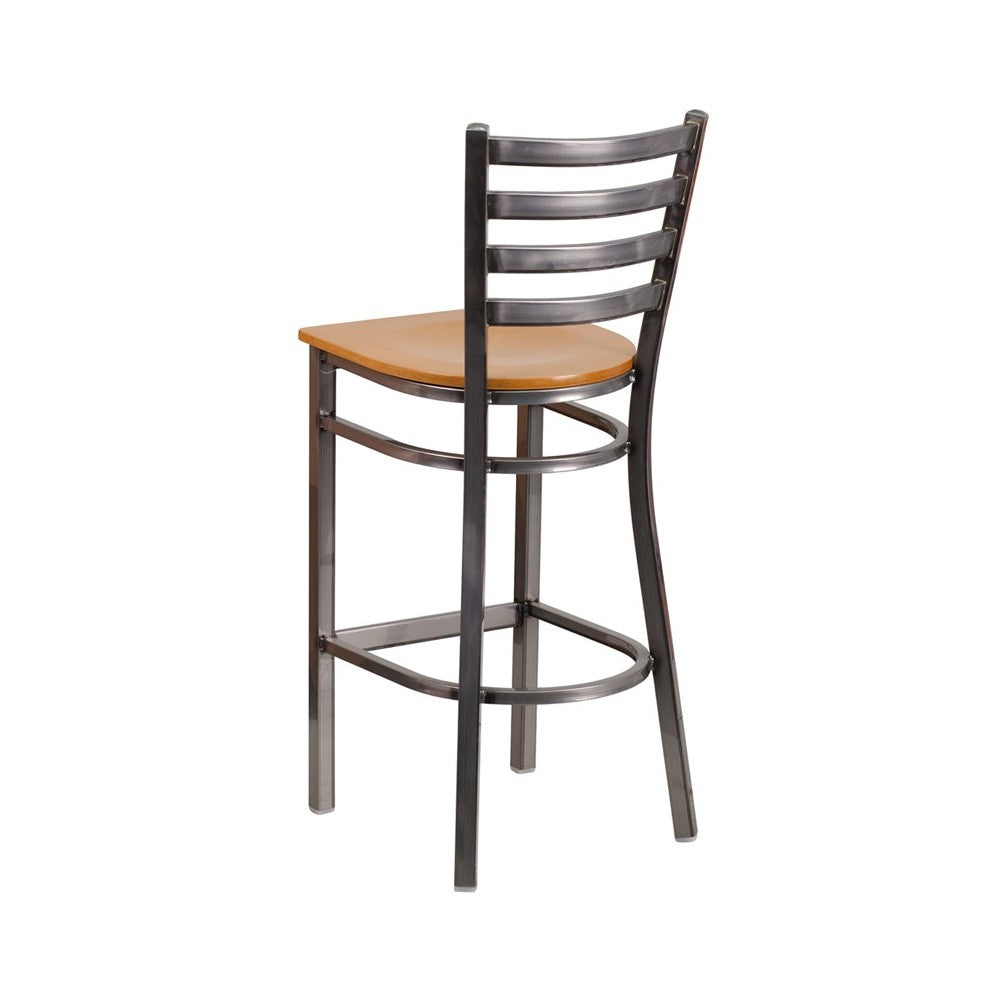 Clear Coated Ladder Back Metal Restaurant Barstool - Natural Wood Seat