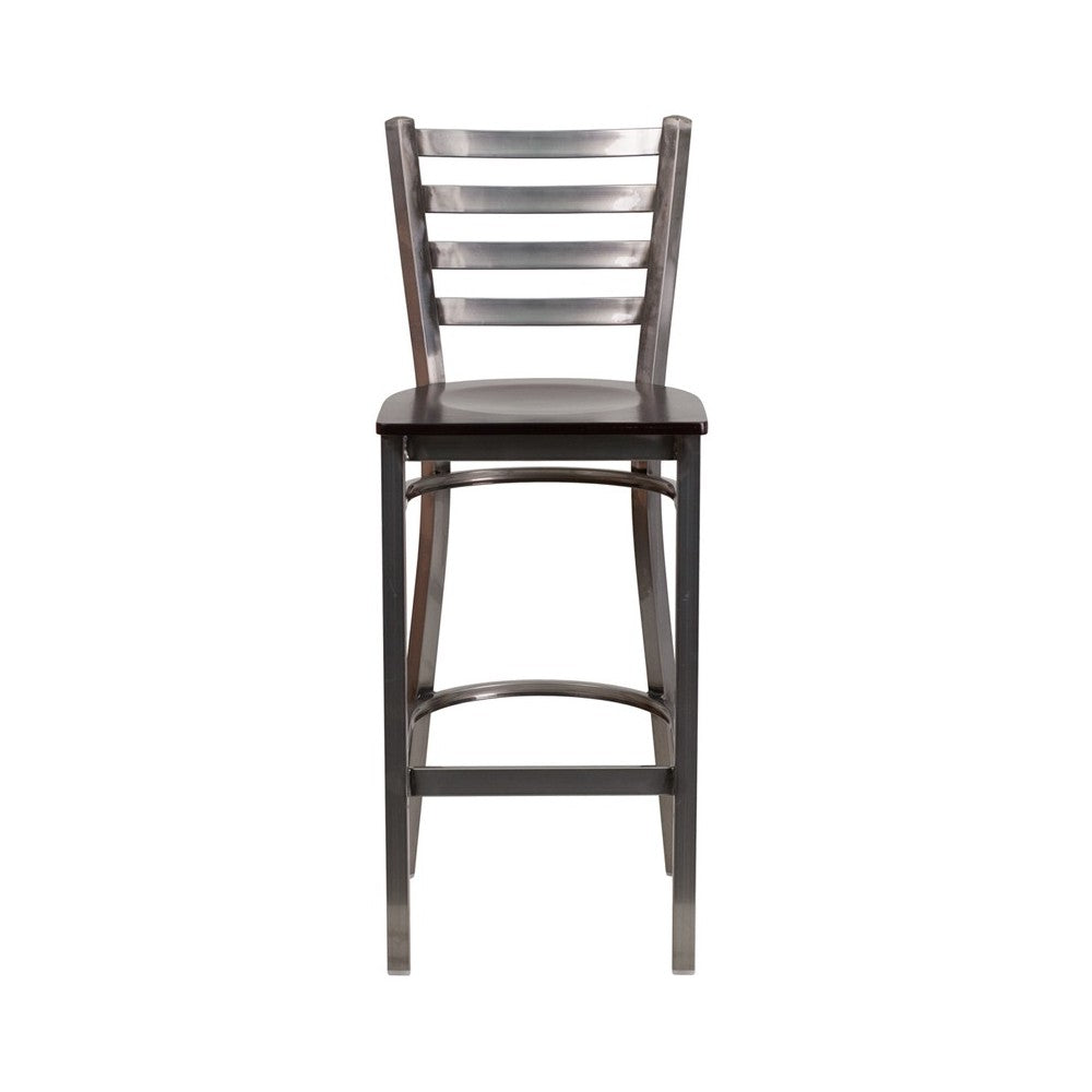 Clear Coated Ladder Back Metal Restaurant Barstool - Walnut Wood Seat