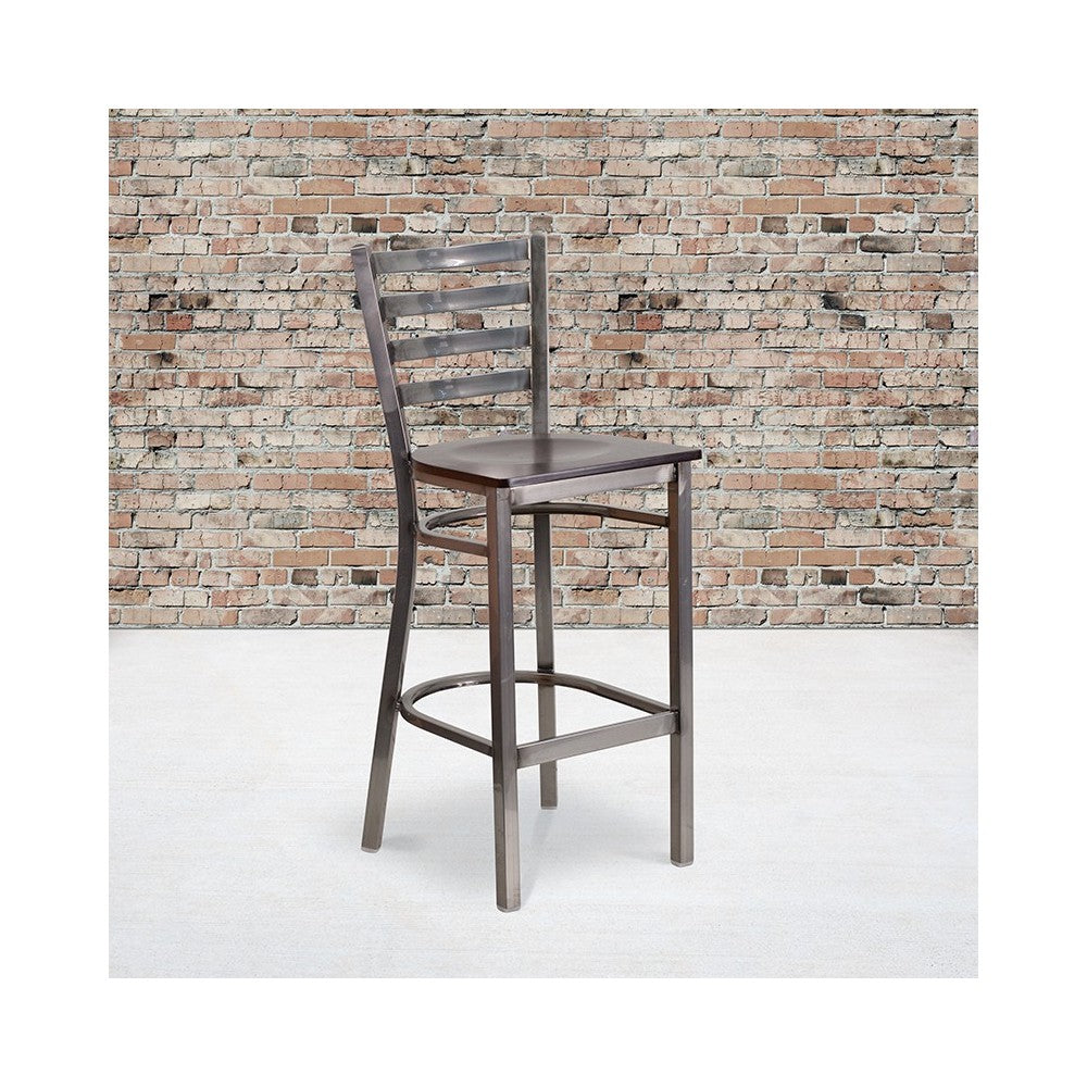 Clear Coated Ladder Back Metal Restaurant Barstool - Walnut Wood Seat
