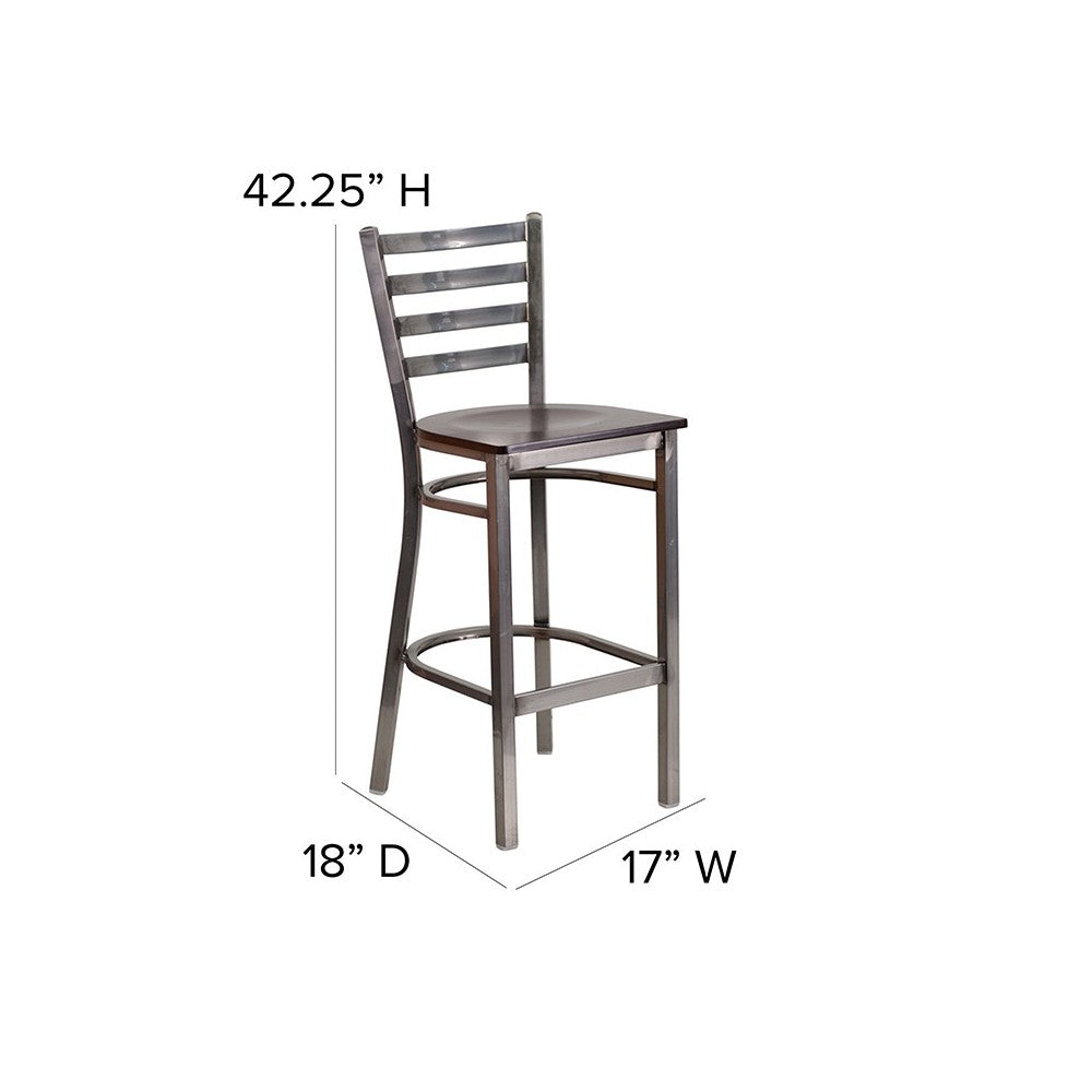 Clear Coated Ladder Back Metal Restaurant Barstool - Walnut Wood Seat