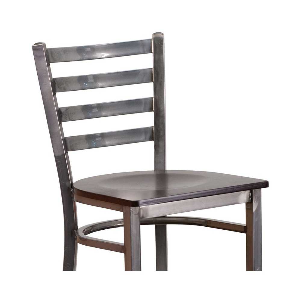 Clear Coated Ladder Back Metal Restaurant Barstool - Walnut Wood Seat
