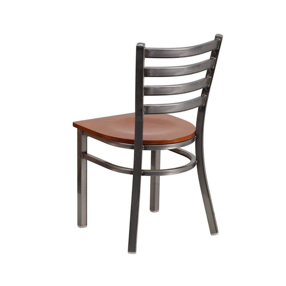 Clear Coated Ladder Back Metal Restaurant Chair - Cherry Wood Seat