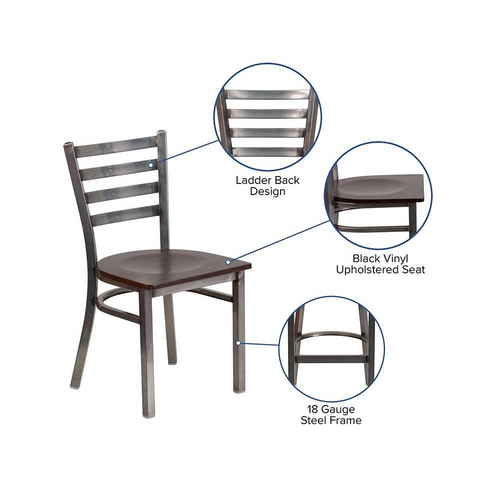 Clear Coated Ladder Back Metal Restaurant Chair - Walnut Wood Seat