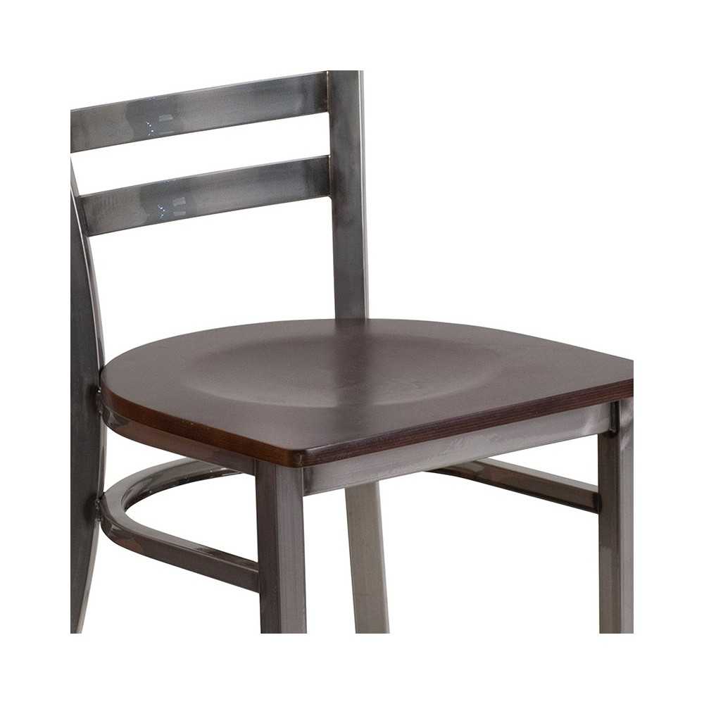 Clear Coated Ladder Back Metal Restaurant Chair - Walnut Wood Seat