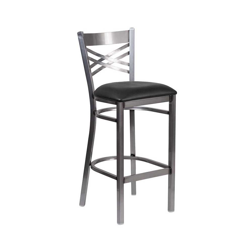 Clear Coated ''X'' Back Metal Restaurant Barstool - Black Vinyl Seat