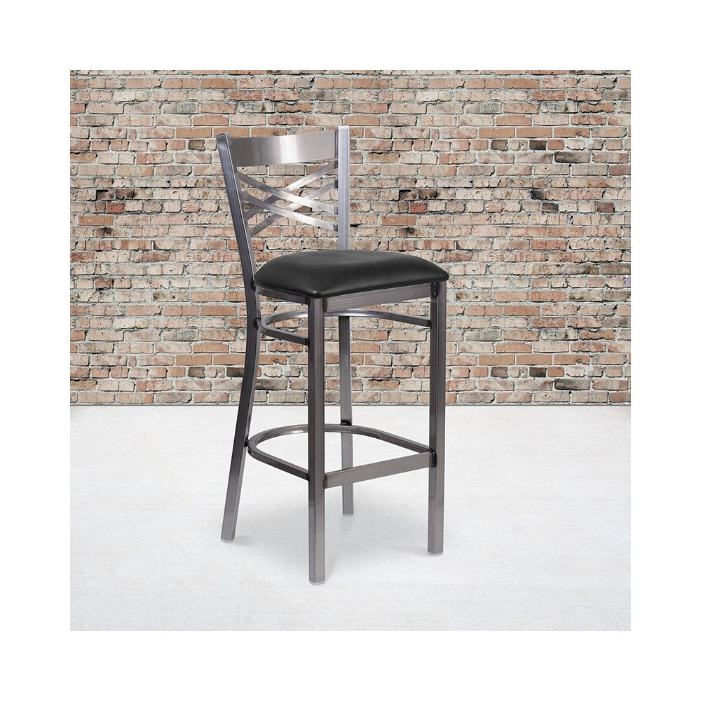 Clear Coated ''X'' Back Metal Restaurant Barstool - Black Vinyl Seat