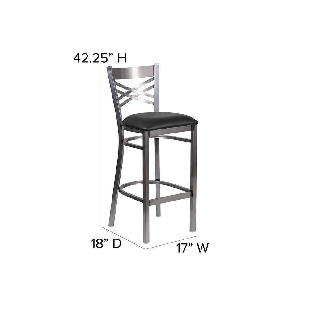 Clear Coated ''X'' Back Metal Restaurant Barstool - Black Vinyl Seat