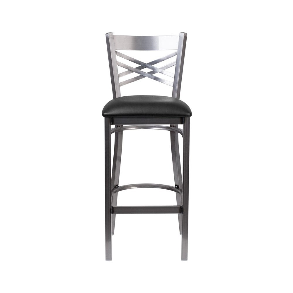 Clear Coated ''X'' Back Metal Restaurant Barstool - Black Vinyl Seat