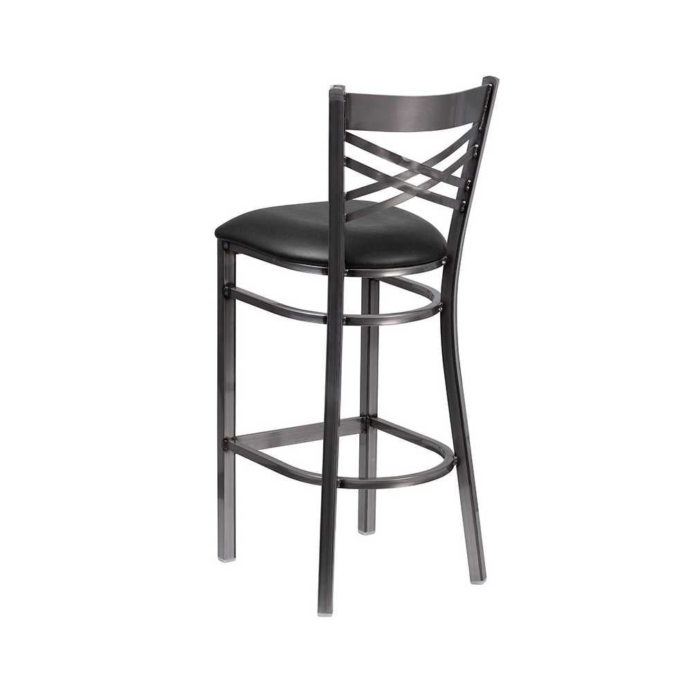 Clear Coated ''X'' Back Metal Restaurant Barstool - Black Vinyl Seat