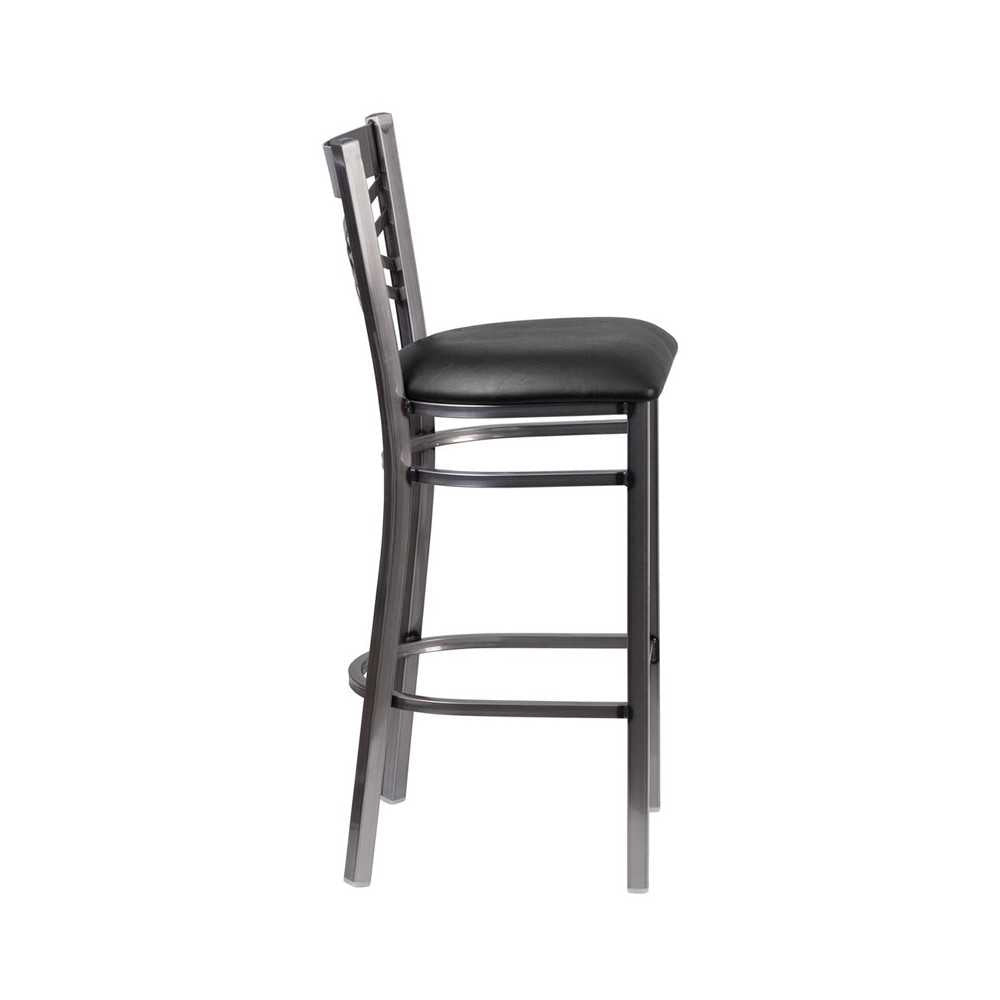 Clear Coated ''X'' Back Metal Restaurant Barstool - Black Vinyl Seat