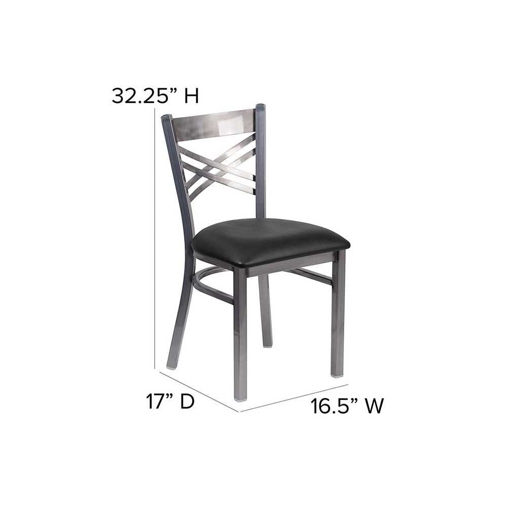 Clear Coated ''X'' Back Metal Restaurant Chair - Black Vinyl Seat