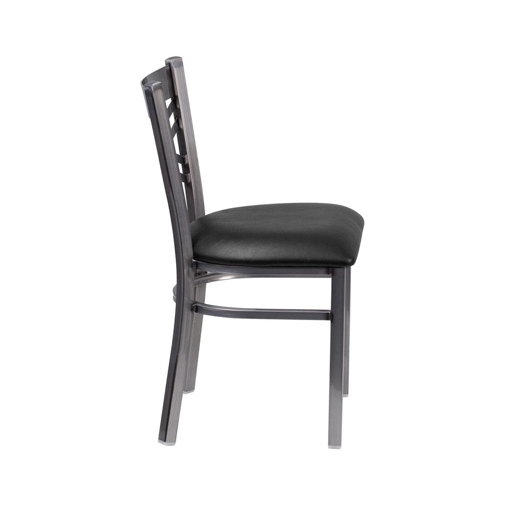 Clear Coated ''X'' Back Metal Restaurant Chair - Black Vinyl Seat