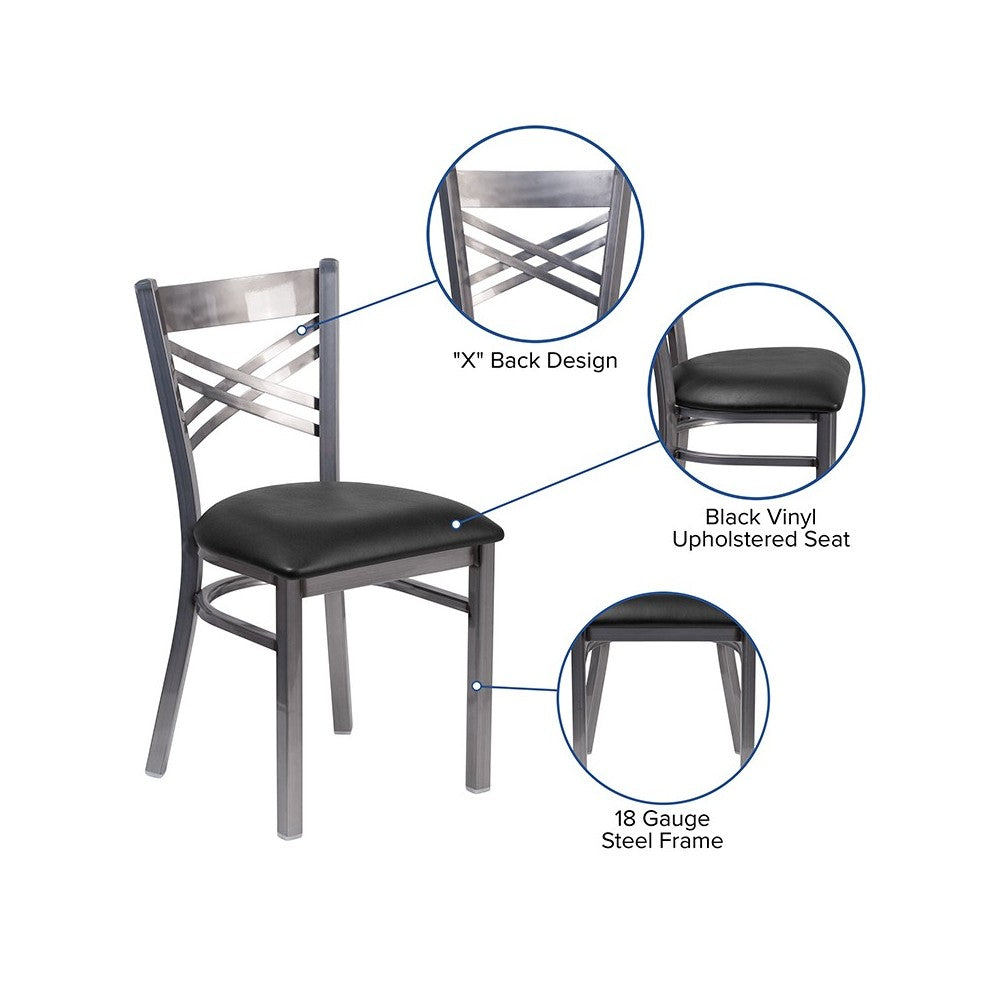 Clear Coated ''X'' Back Metal Restaurant Chair - Black Vinyl Seat