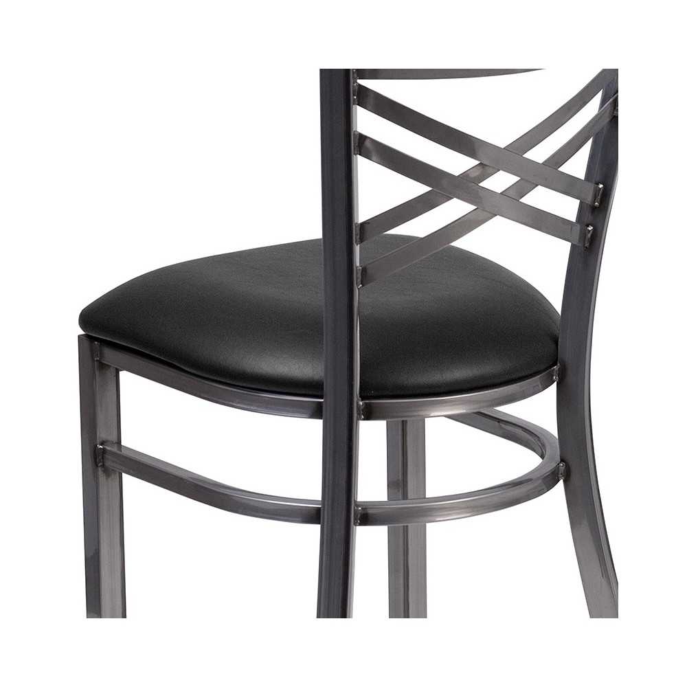 Clear Coated ''X'' Back Metal Restaurant Chair - Black Vinyl Seat