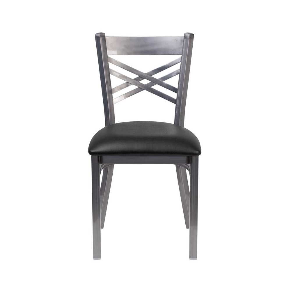 Clear Coated ''X'' Back Metal Restaurant Chair - Black Vinyl Seat