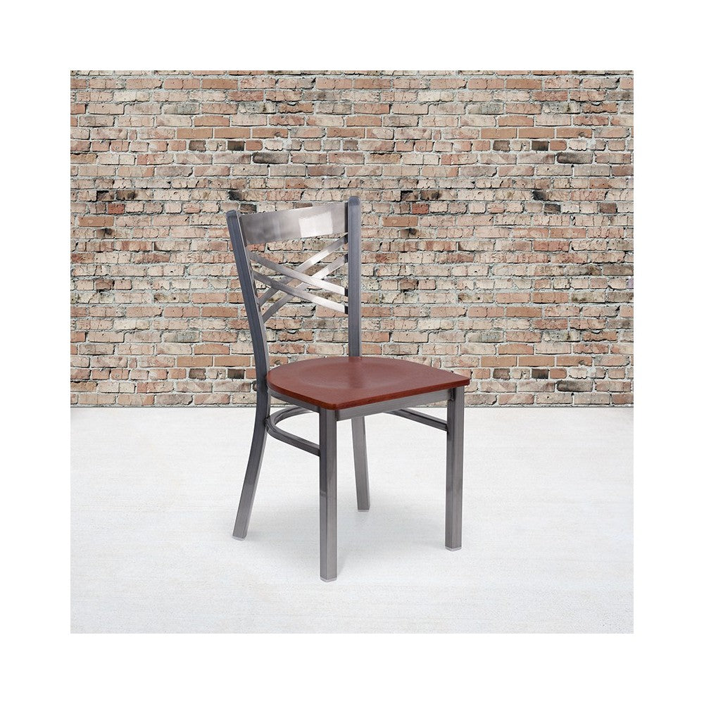 Clear Coated ''X'' Back Metal Restaurant Chair - Cherry Wood Seat
