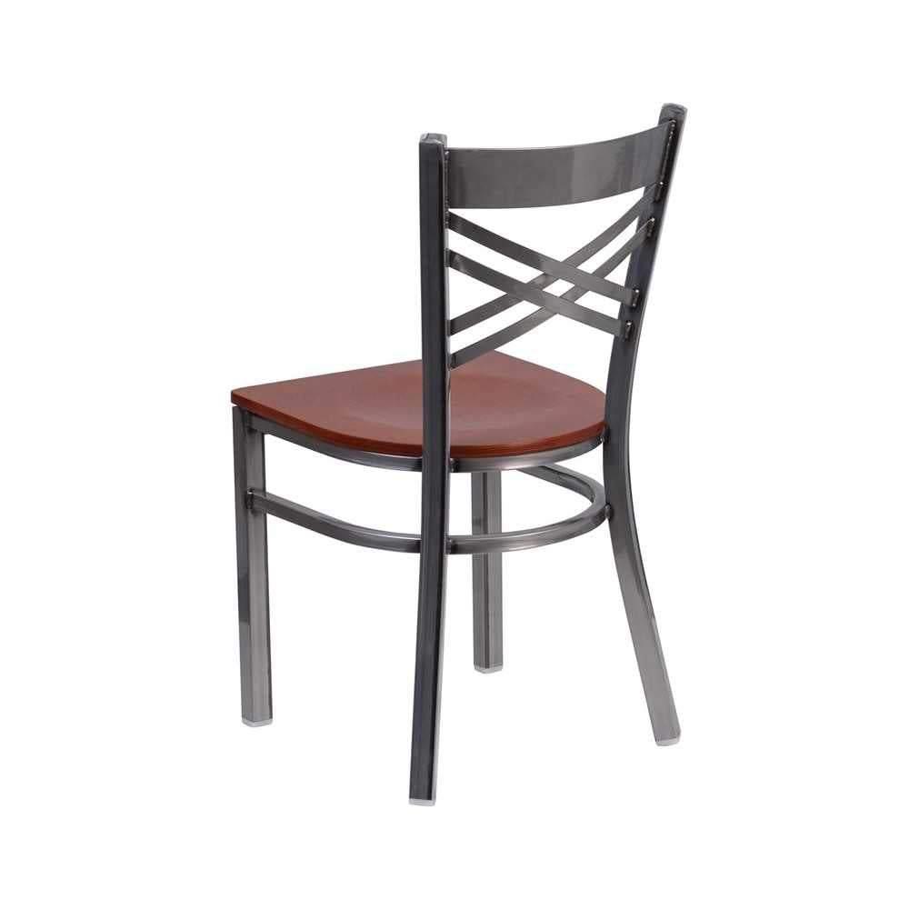 Clear Coated ''X'' Back Metal Restaurant Chair - Cherry Wood Seat