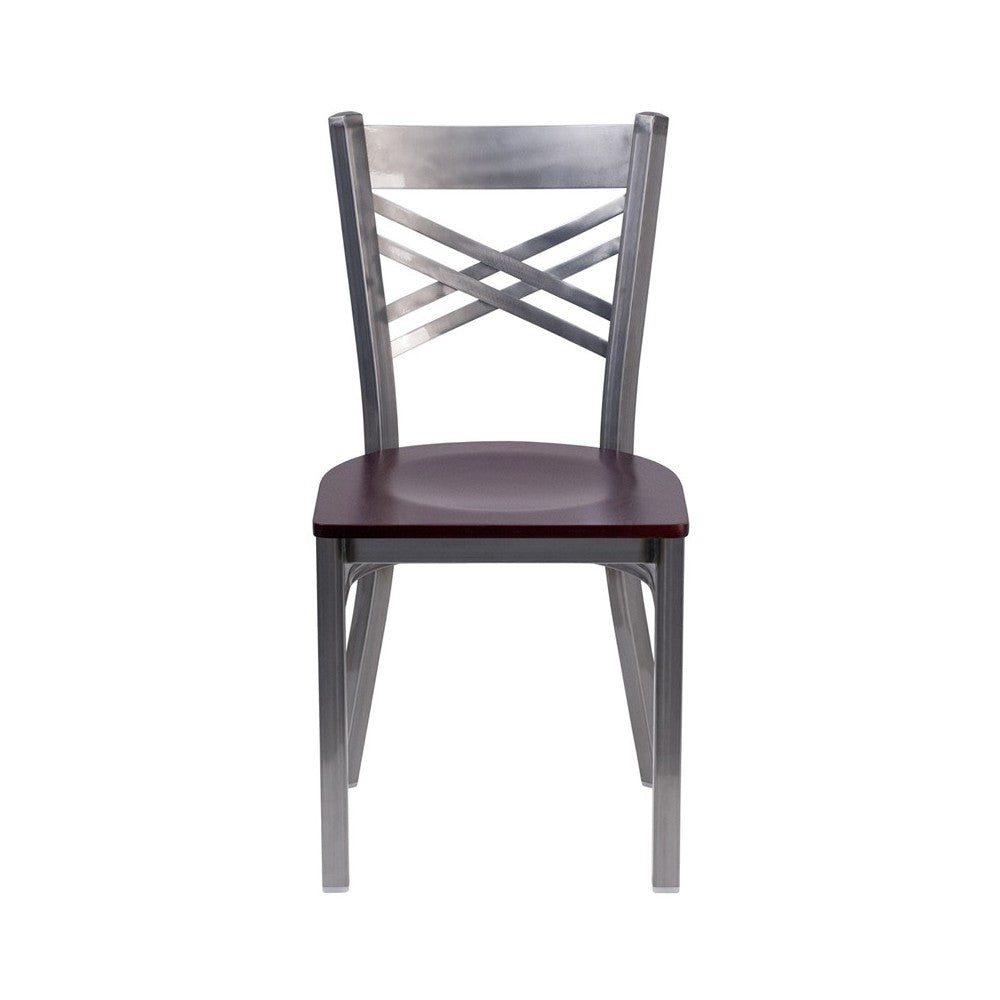 Clear Coated ''X'' Back Metal Restaurant Chair - Mahogany Wood Seat
