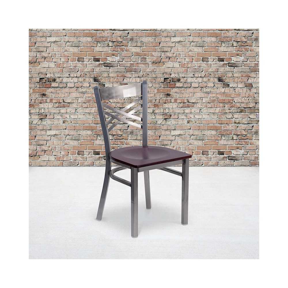 Clear Coated ''X'' Back Metal Restaurant Chair - Mahogany Wood Seat