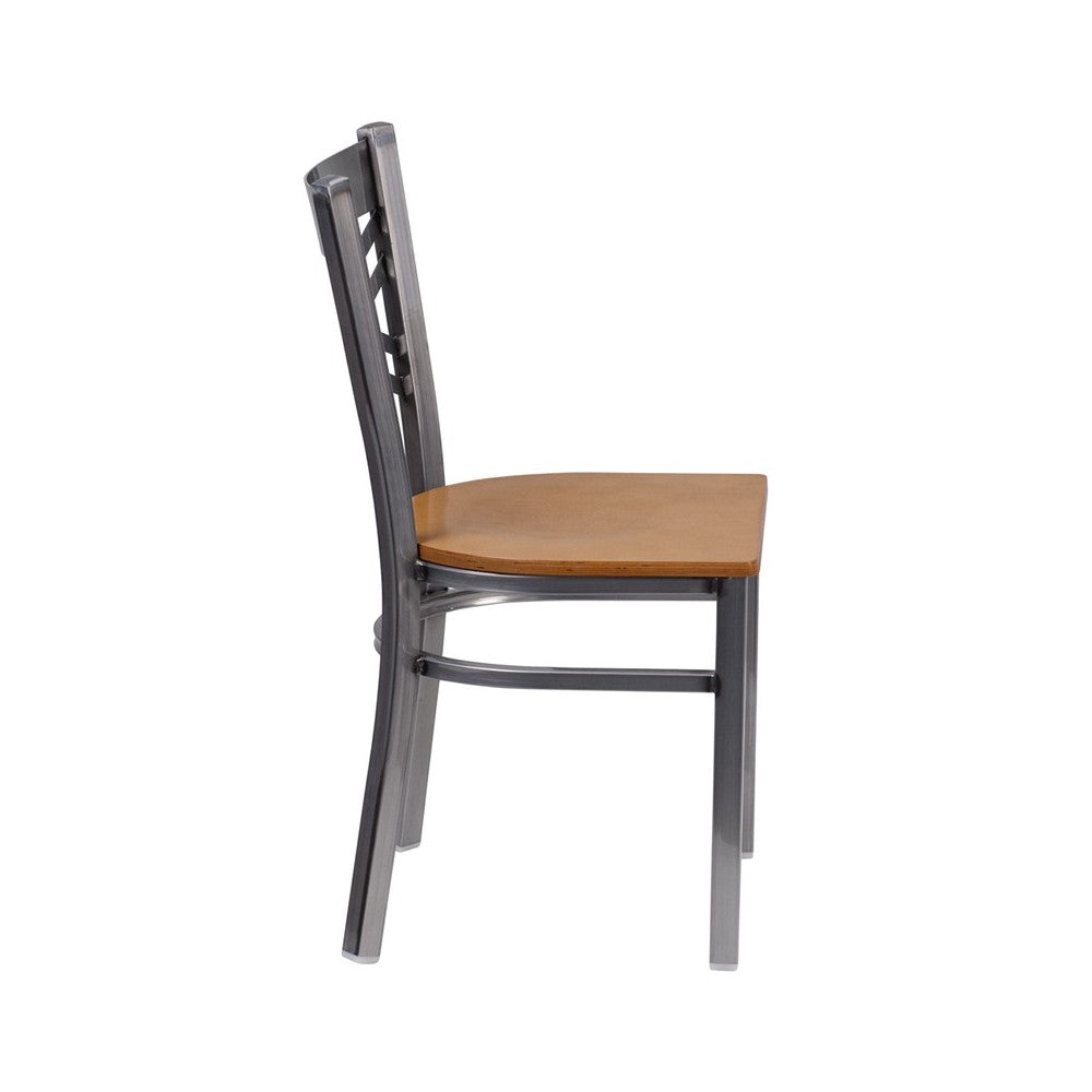 Clear Coated ''X'' Back Metal Restaurant Chair - Natural Wood Seat