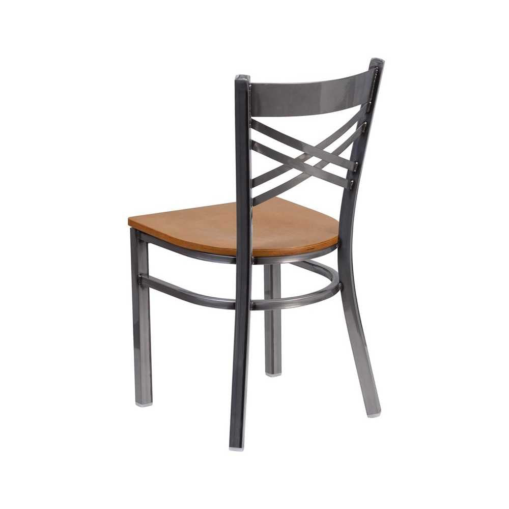 Clear Coated ''X'' Back Metal Restaurant Chair - Natural Wood Seat
