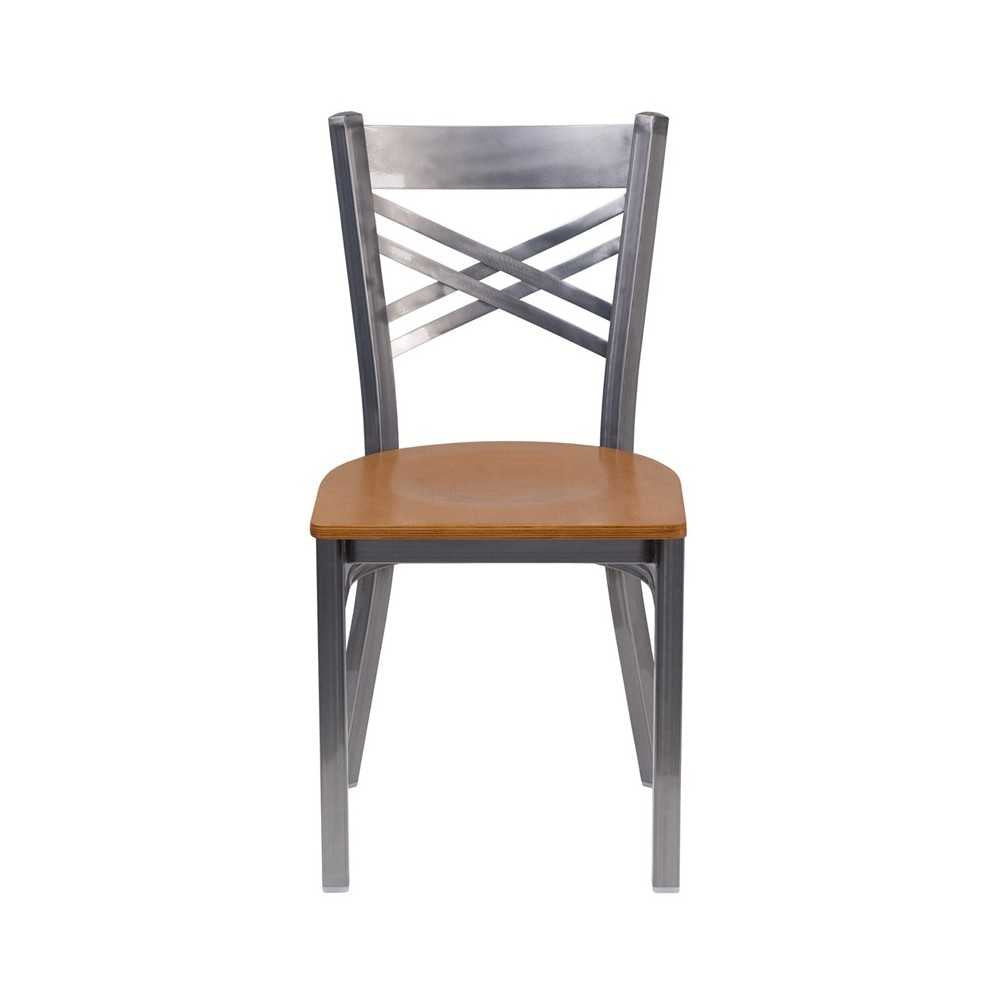 Clear Coated ''X'' Back Metal Restaurant Chair - Natural Wood Seat