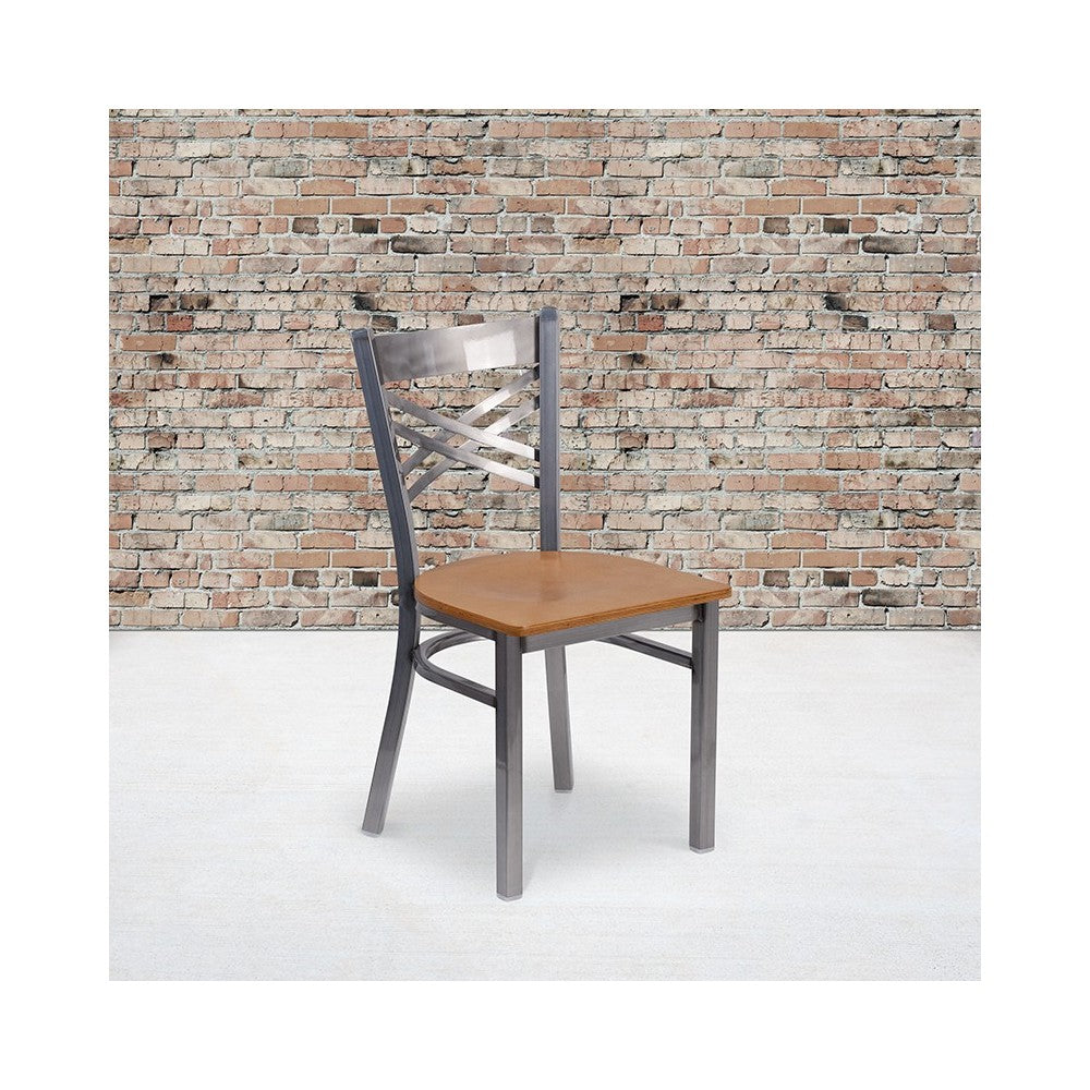 Clear Coated ''X'' Back Metal Restaurant Chair - Natural Wood Seat