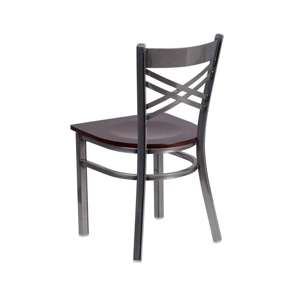 Clear Coated ''X'' Back Metal Restaurant Chair - Walnut Wood Seat