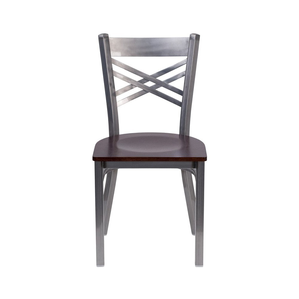 Clear Coated ''X'' Back Metal Restaurant Chair - Walnut Wood Seat