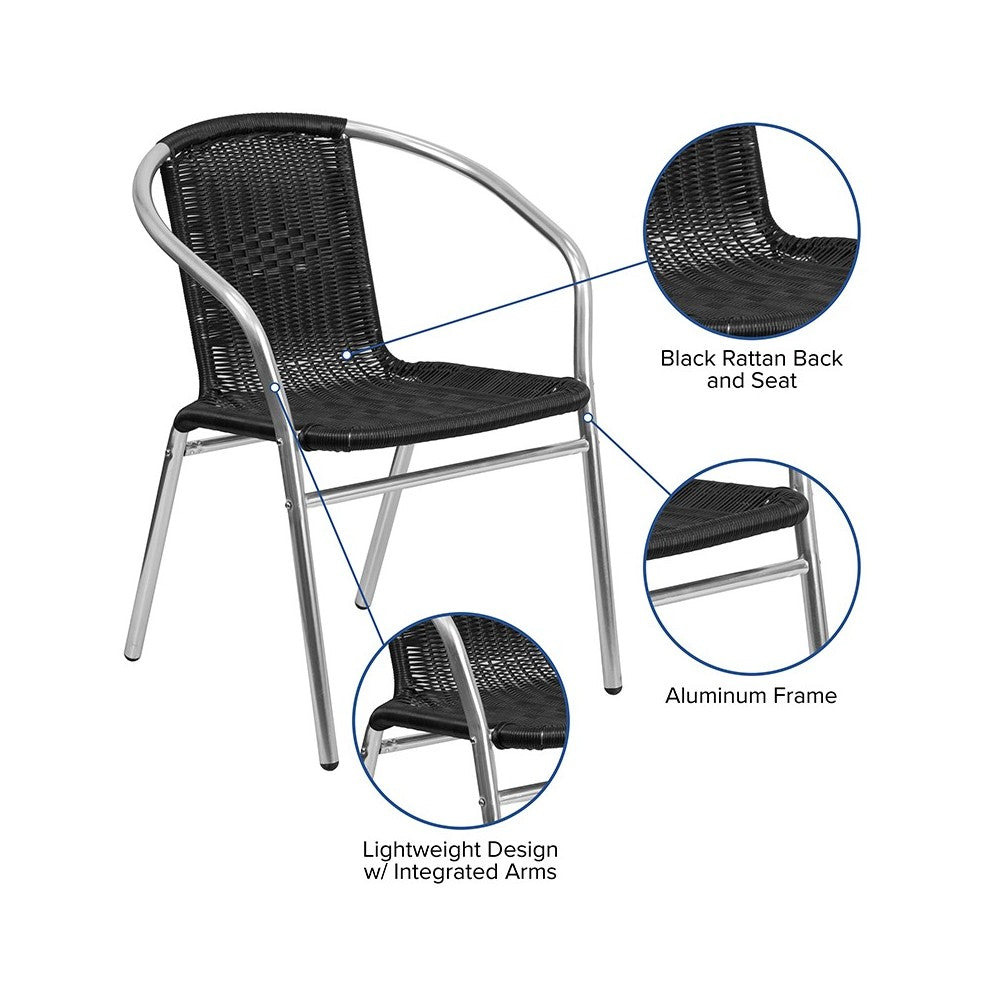 Commercial Aluminum and Black Rattan Indoor-Outdoor Restaurant Stack Chair