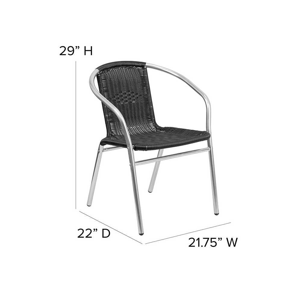 Commercial Aluminum and Black Rattan Indoor-Outdoor Restaurant Stack Chair