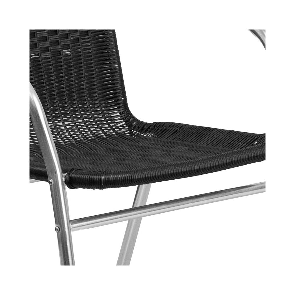 Commercial Aluminum and Black Rattan Indoor-Outdoor Restaurant Stack Chair