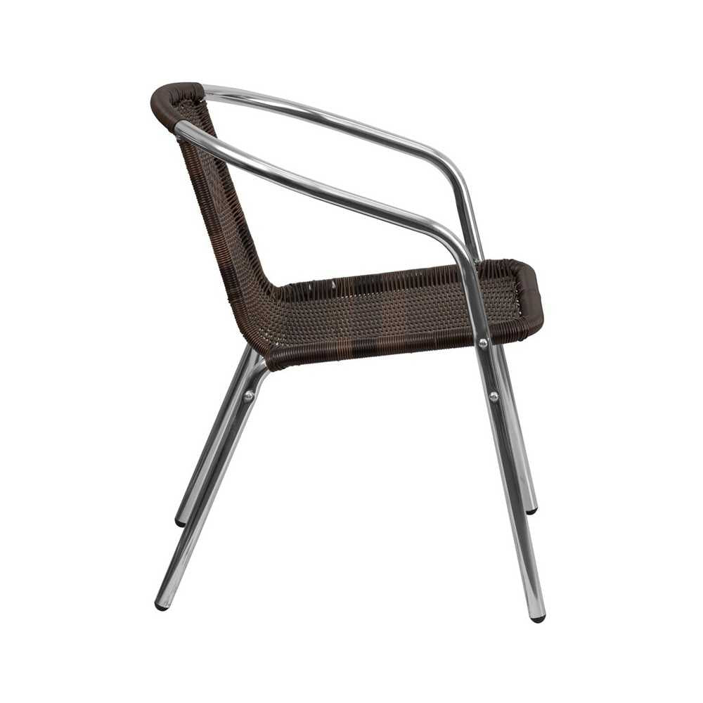 Commercial Aluminum and Dark Brown Rattan Indoor-Outdoor Restaurant Stack Chair